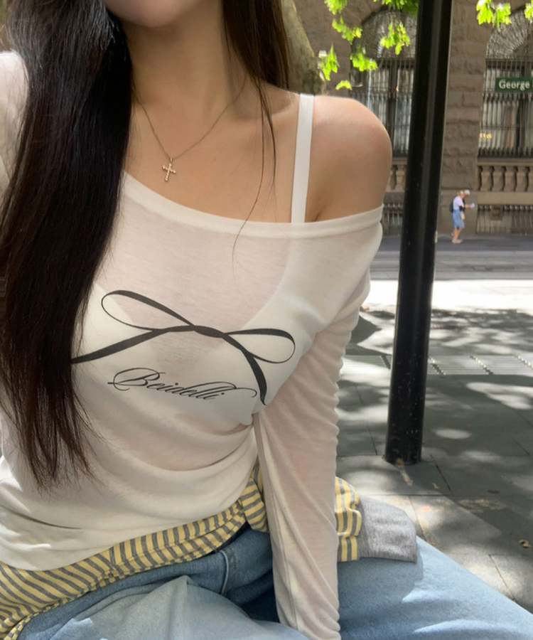 オフショルダーシースルーTシャツ IVORY