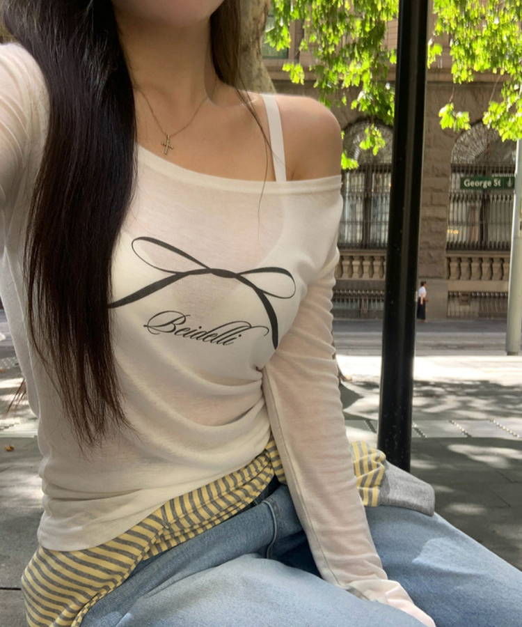オフショルダーシースルーTシャツ IVORY