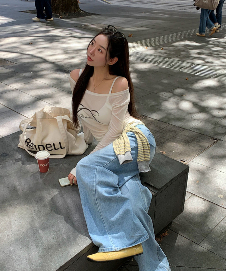 オフショルダーシースルーTシャツ IVORY