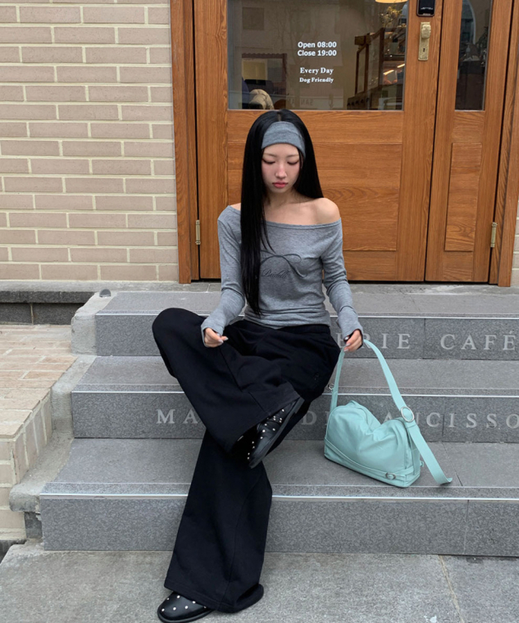 オフショルダーシースルーTシャツ GREY