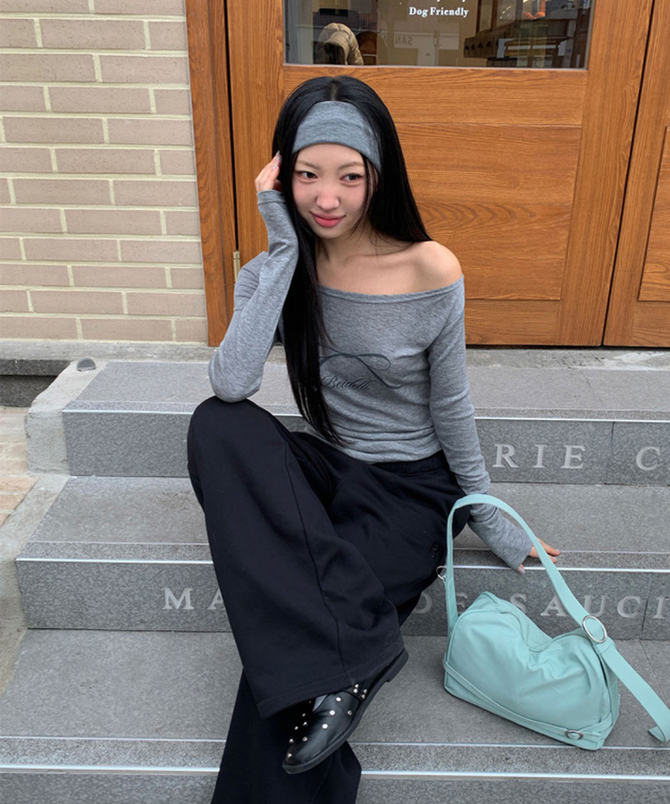 オフショルダーシースルーTシャツ GREY