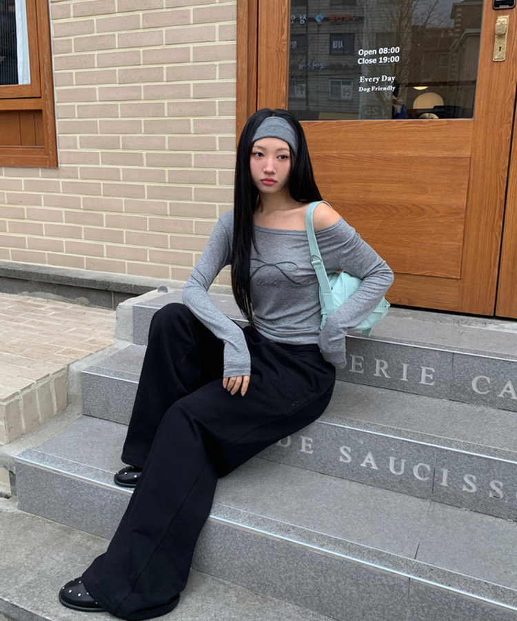 オフショルダーシースルーTシャツ GREY