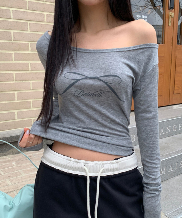 オフショルダーシースルーTシャツ GREY
