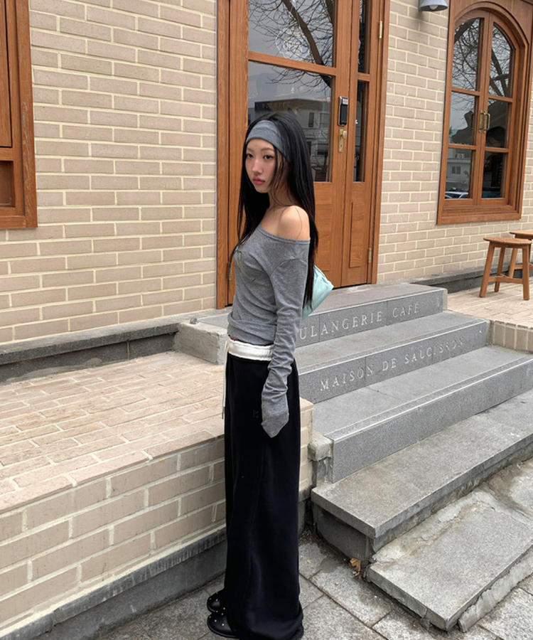 オフショルダーシースルーTシャツ GREY