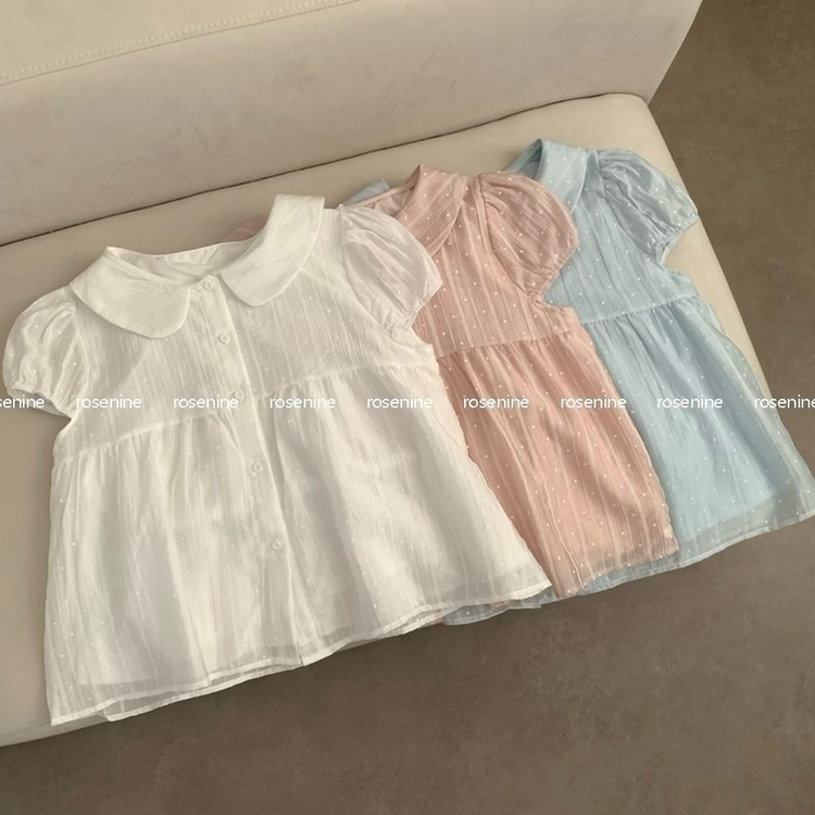 캔디 도트 둥근 카라 반팔 퍼프 캡소매 블라우스 핑크 소라 하늘 상의 여름 여름옷 수학여행
