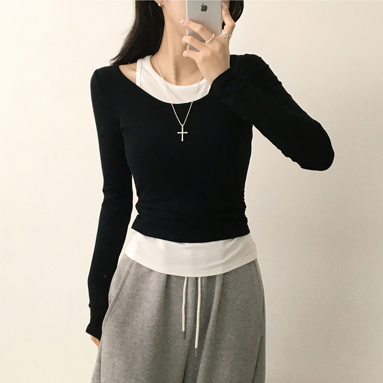 마른핏 보장 슈슈 라운드 나시 레이어드 허리 셔링 긴팔 티셔츠 베이직 이중 허리잘록 슬림핏 봄 긴팔티 4color 블랙