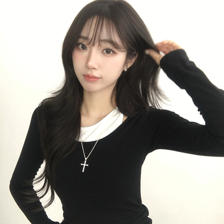 마른핏 보장 슈슈 라운드 나시 레이어드 허리 셔링 긴팔 티셔츠 베이직 이중 허리잘록 슬림핏 봄 긴팔티 4color 블랙