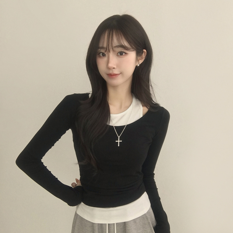 마른핏 보장 슈슈 라운드 나시 레이어드 허리 셔링 긴팔 티셔츠 베이직 이중 허리잘록 슬림핏 봄 긴팔티 4color 블랙