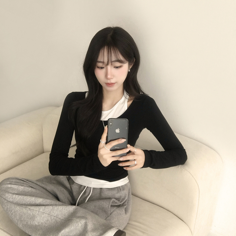 마른핏 보장 슈슈 라운드 나시 레이어드 허리 셔링 긴팔 티셔츠 베이직 이중 허리잘록 슬림핏 봄 긴팔티 4color 블랙