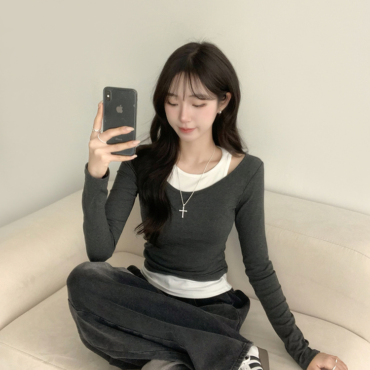 마른핏 보장 슈슈 라운드 나시 레이어드 허리 셔링 긴팔 티셔츠 베이직 이중 허리잘록 슬림핏 봄 긴팔티 4color 그레이