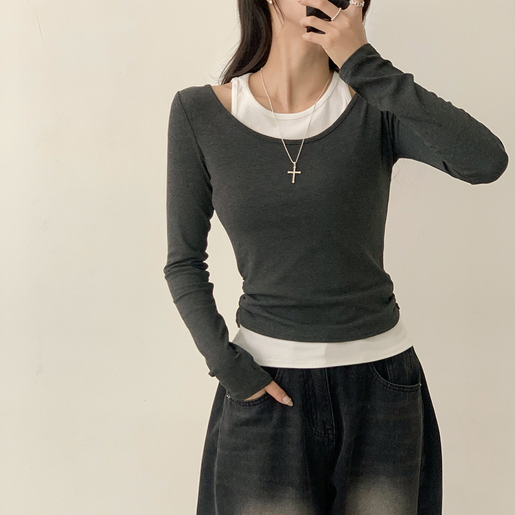 마른핏 보장 슈슈 라운드 나시 레이어드 허리 셔링 긴팔 티셔츠 베이직 이중 허리잘록 슬림핏 봄 긴팔티 4color 그레이