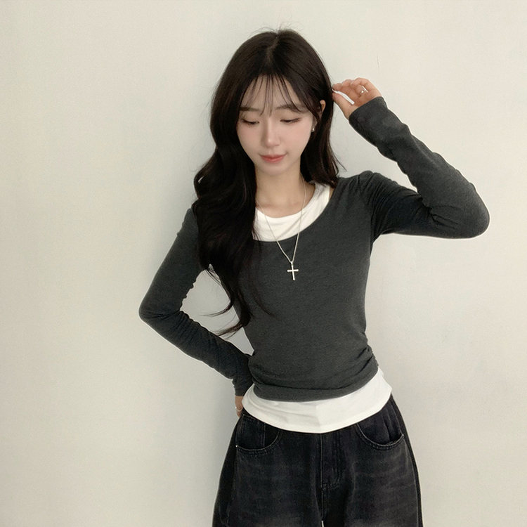 마른핏 보장 슈슈 라운드 나시 레이어드 허리 셔링 긴팔 티셔츠 베이직 이중 허리잘록 슬림핏 봄 긴팔티 4color 그레이
