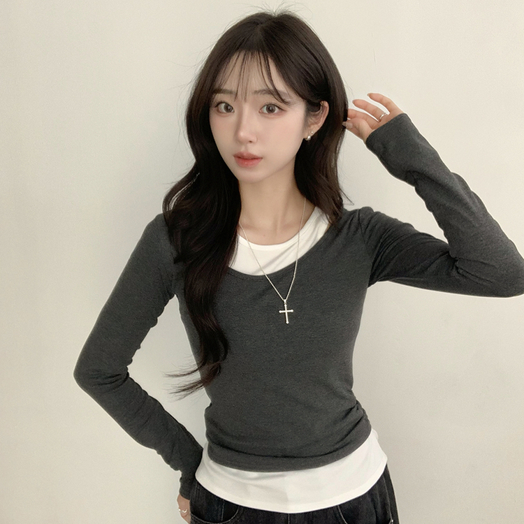 마른핏 보장 슈슈 라운드 나시 레이어드 허리 셔링 긴팔 티셔츠 베이직 이중 허리잘록 슬림핏 봄 긴팔티 4color 그레이