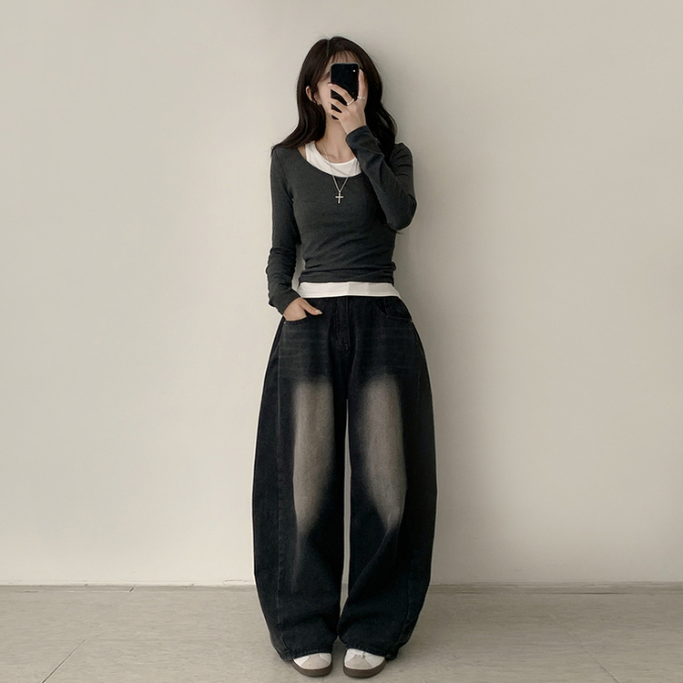 마른핏 보장 슈슈 라운드 나시 레이어드 허리 셔링 긴팔 티셔츠 베이직 이중 허리잘록 슬림핏 봄 긴팔티 4color 그레이