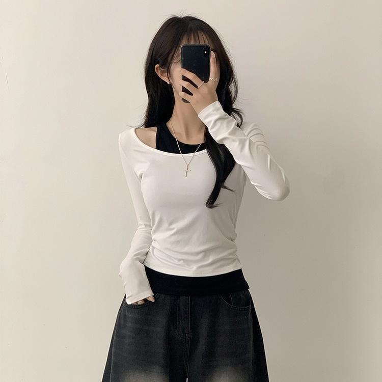 마른핏 보장 슈슈 라운드 나시 레이어드 허리 셔링 긴팔 티셔츠 베이직 이중 허리잘록 슬림핏 봄 긴팔티 4color 화이트