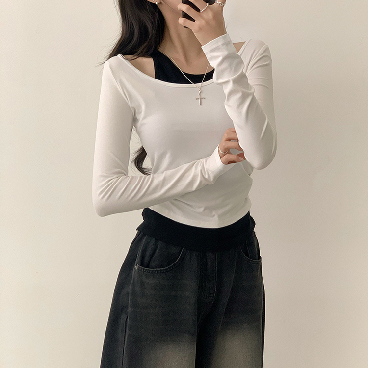 마른핏 보장 슈슈 라운드 나시 레이어드 허리 셔링 긴팔 티셔츠 베이직 이중 허리잘록 슬림핏 봄 긴팔티 4color 화이트