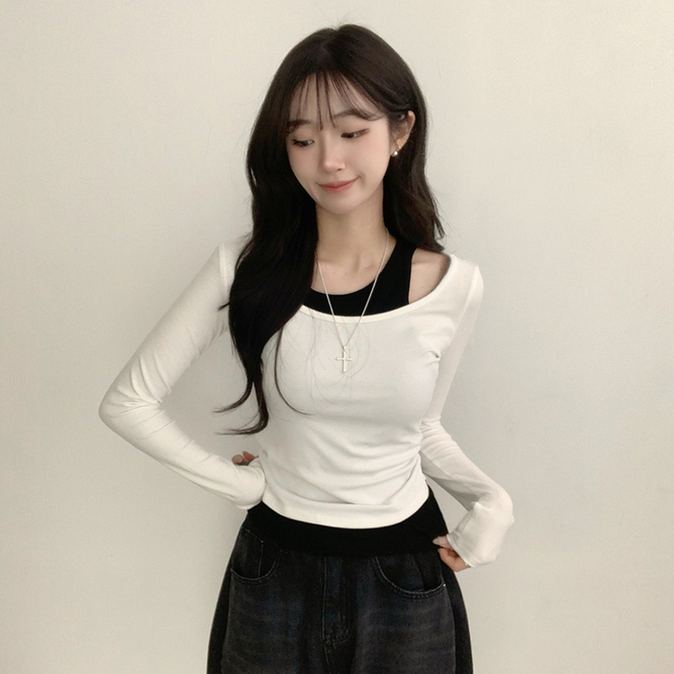 마른핏 보장 슈슈 라운드 나시 레이어드 허리 셔링 긴팔 티셔츠 베이직 이중 허리잘록 슬림핏 봄 긴팔티 4color 화이트