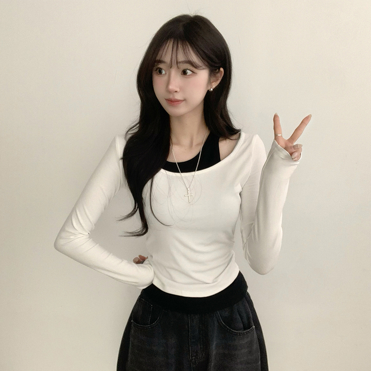 마른핏 보장 슈슈 라운드 나시 레이어드 허리 셔링 긴팔 티셔츠 베이직 이중 허리잘록 슬림핏 봄 긴팔티 4color 화이트