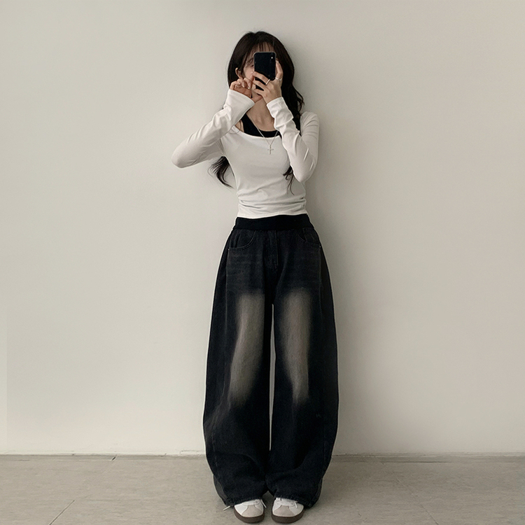 마른핏 보장 슈슈 라운드 나시 레이어드 허리 셔링 긴팔 티셔츠 베이직 이중 허리잘록 슬림핏 봄 긴팔티 4color 화이트