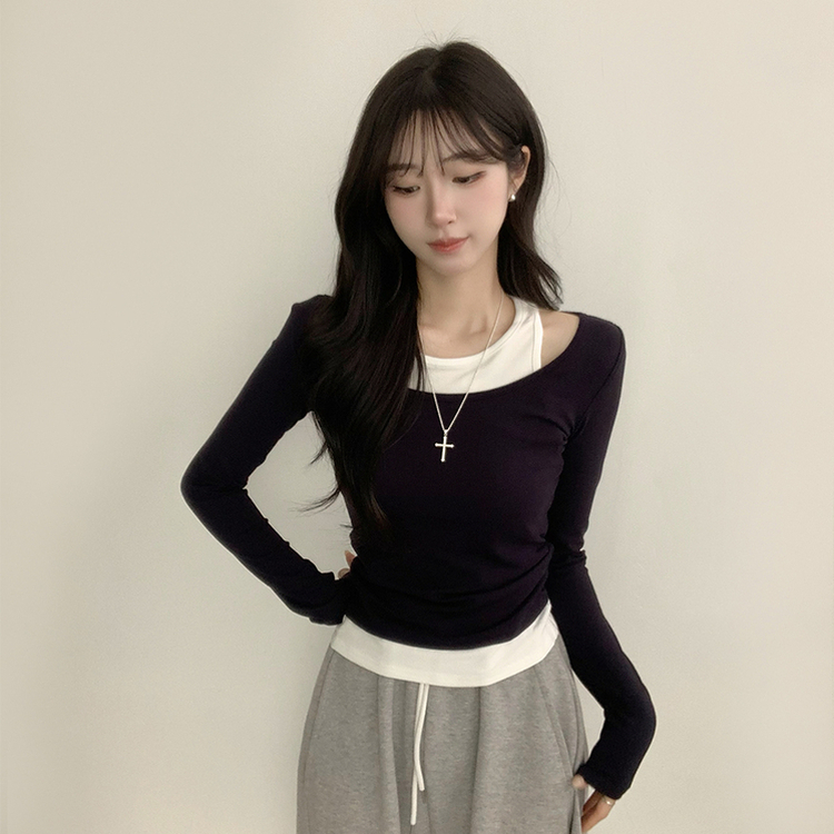 마른핏 보장 슈슈 라운드 나시 레이어드 허리 셔링 긴팔 티셔츠 베이직 이중 허리잘록 슬림핏 봄 긴팔티 4color 네이비