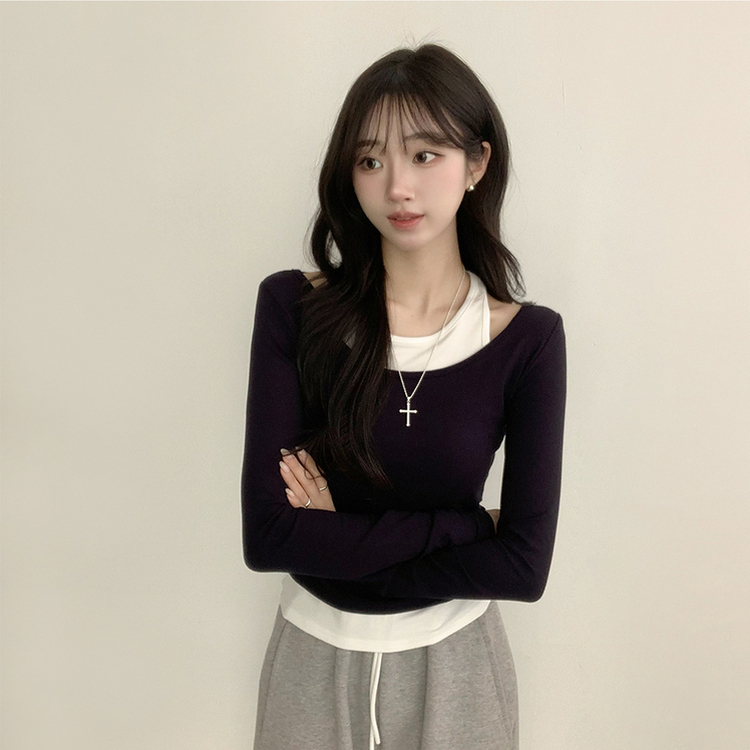 마른핏 보장 슈슈 라운드 나시 레이어드 허리 셔링 긴팔 티셔츠 베이직 이중 허리잘록 슬림핏 봄 긴팔티 4color 네이비