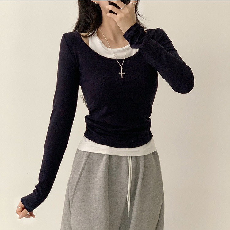 마른핏 보장 슈슈 라운드 나시 레이어드 허리 셔링 긴팔 티셔츠 베이직 이중 허리잘록 슬림핏 봄 긴팔티 4color 네이비