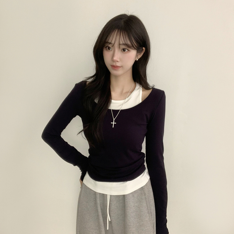 마른핏 보장 슈슈 라운드 나시 레이어드 허리 셔링 긴팔 티셔츠 베이직 이중 허리잘록 슬림핏 봄 긴팔티 4color 네이비