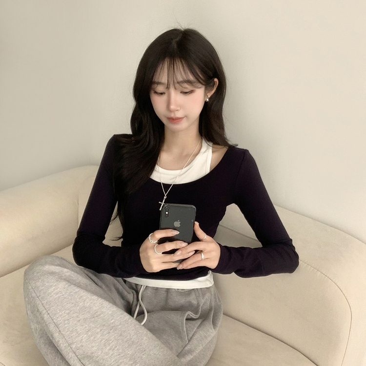 마른핏 보장 슈슈 라운드 나시 레이어드 허리 셔링 긴팔 티셔츠 베이직 이중 허리잘록 슬림핏 봄 긴팔티 4color 네이비