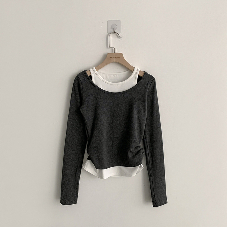 마른핏 보장 슈슈 라운드 나시 레이어드 허리 셔링 긴팔 티셔츠 베이직 이중 허리잘록 슬림핏 봄 긴팔티 4color