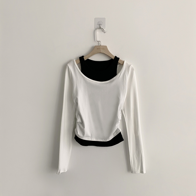 마른핏 보장 슈슈 라운드 나시 레이어드 허리 셔링 긴팔 티셔츠 베이직 이중 허리잘록 슬림핏 봄 긴팔티 4color