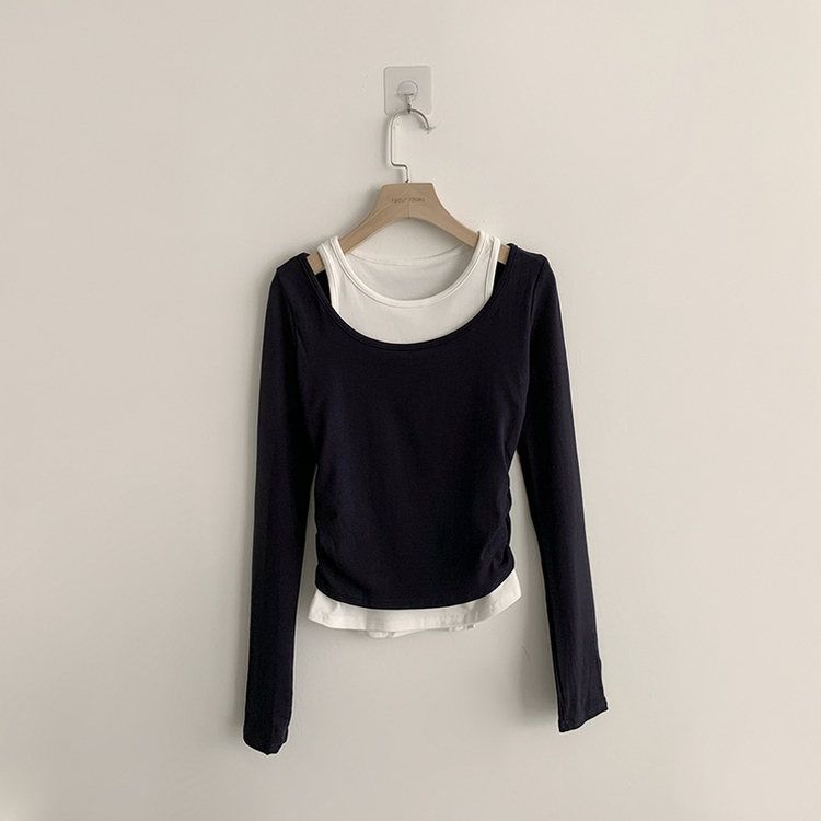마른핏 보장 슈슈 라운드 나시 레이어드 허리 셔링 긴팔 티셔츠 베이직 이중 허리잘록 슬림핏 봄 긴팔티 4color