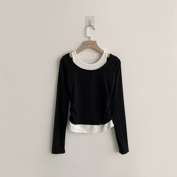 마른핏 보장 슈슈 라운드 나시 레이어드 허리 셔링 긴팔 티셔츠 베이직 이중 허리잘록 슬림핏 봄 긴팔티 4color