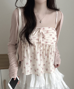 【SET】フラワーキャミソール 長袖カーディガン PINK