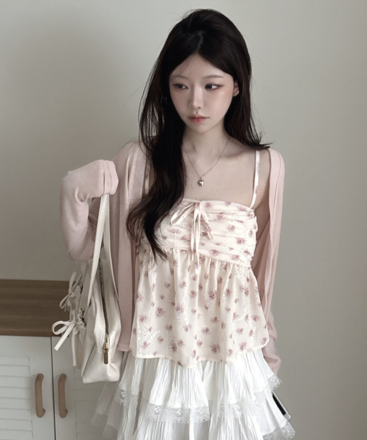 【SET】フラワーキャミソール 長袖カーディガン PINK