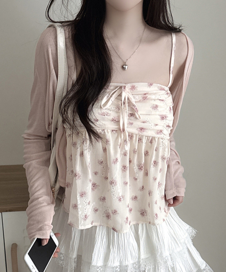 【SET】フラワーキャミソール 長袖カーディガン PINK