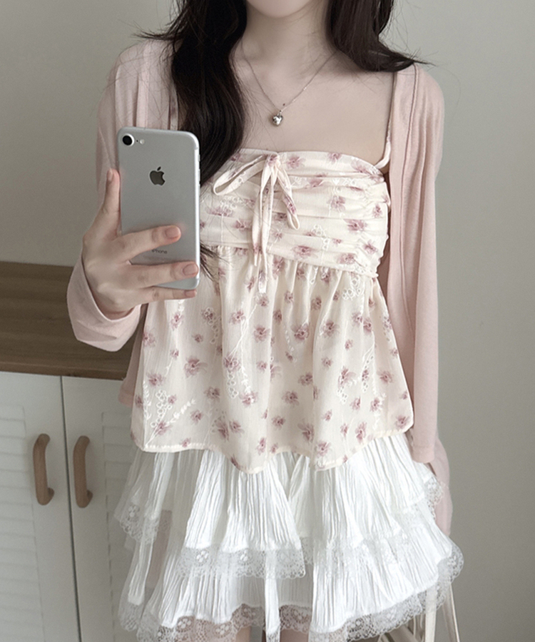 【SET】フラワーキャミソール 長袖カーディガン PINK