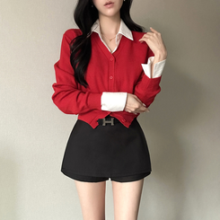 Vネック長袖カーディガン(9color) DARK RED