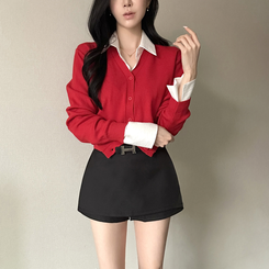 Vネック長袖カーディガン(9color) DARK RED