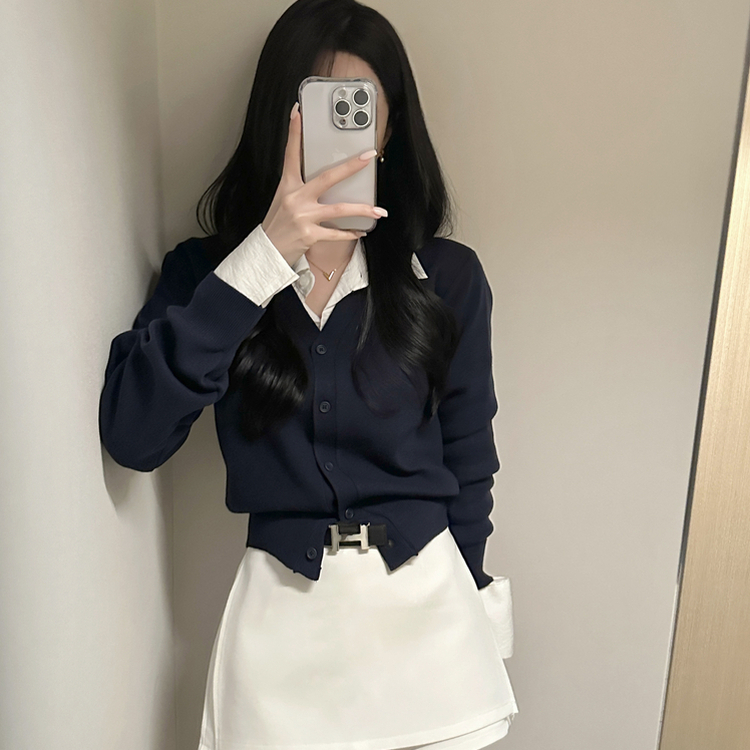 Vネック長袖カーディガン(9color) DEEP NAVY