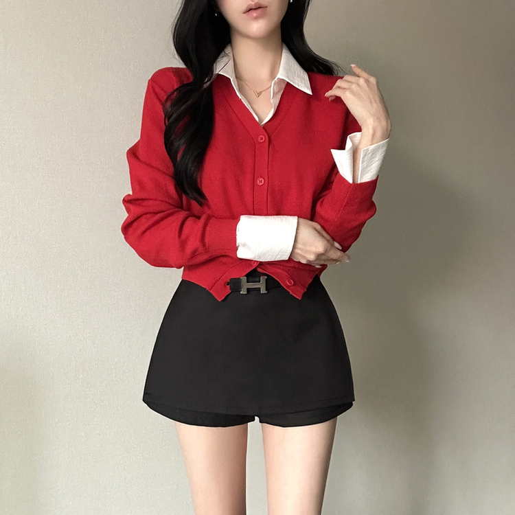 Vネック長袖カーディガン(9color) DARK RED