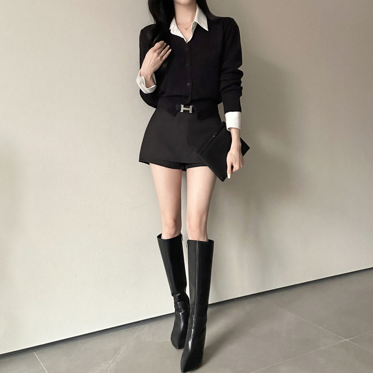 Vネック長袖カーディガン(9color) BLACK