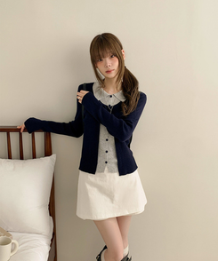 一体型ボタン長袖リブニットカーディガン NAVY