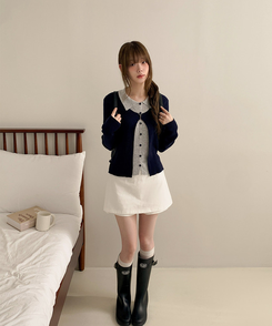 一体型ボタン長袖リブニットカーディガン NAVY