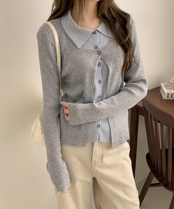 一体型ボタン長袖リブニットカーディガン SKY BLUE