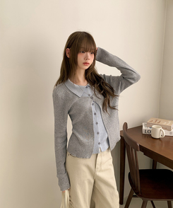 一体型ボタン長袖リブニットカーディガン SKY BLUE