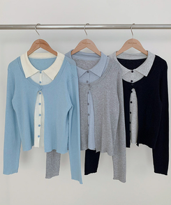 一体型ボタン長袖リブニットカーディガン