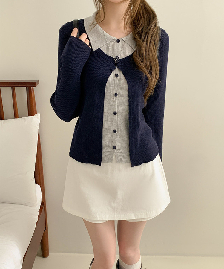 一体型ボタン長袖リブニットカーディガン NAVY