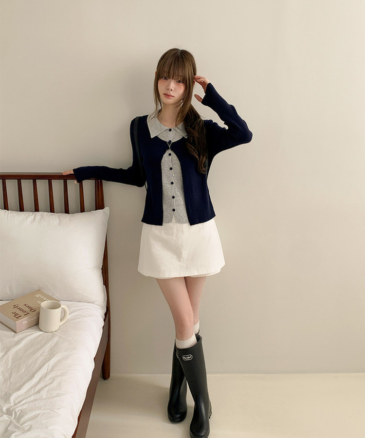 一体型ボタン長袖リブニットカーディガン NAVY