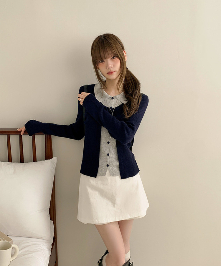 一体型ボタン長袖リブニットカーディガン NAVY