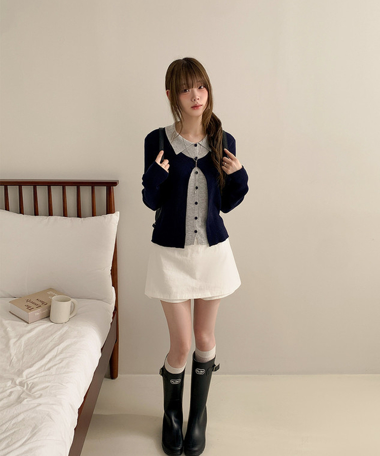 一体型ボタン長袖リブニットカーディガン NAVY